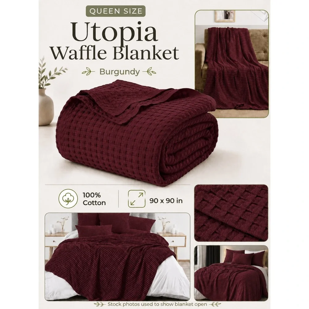 Utopia Waffle Blanket Queen Burgundy 100% Cotton Soft Breathable New